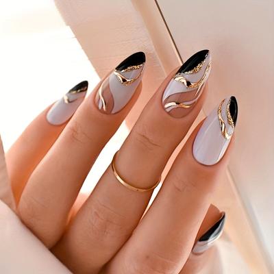 24pcs Medium Length Almond Shaped Press-On Nails with Geometric Golden Glitter Design - Glossy Full Cover Swirl False Nails for Women Manicure 