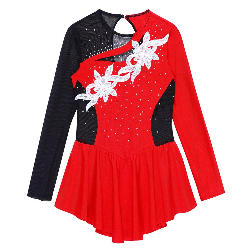 Girls Figure Skating Dress Sequins Mesh Long Sleeve Leotard Gymnastics Suit Ballet Clothing Dance Costume