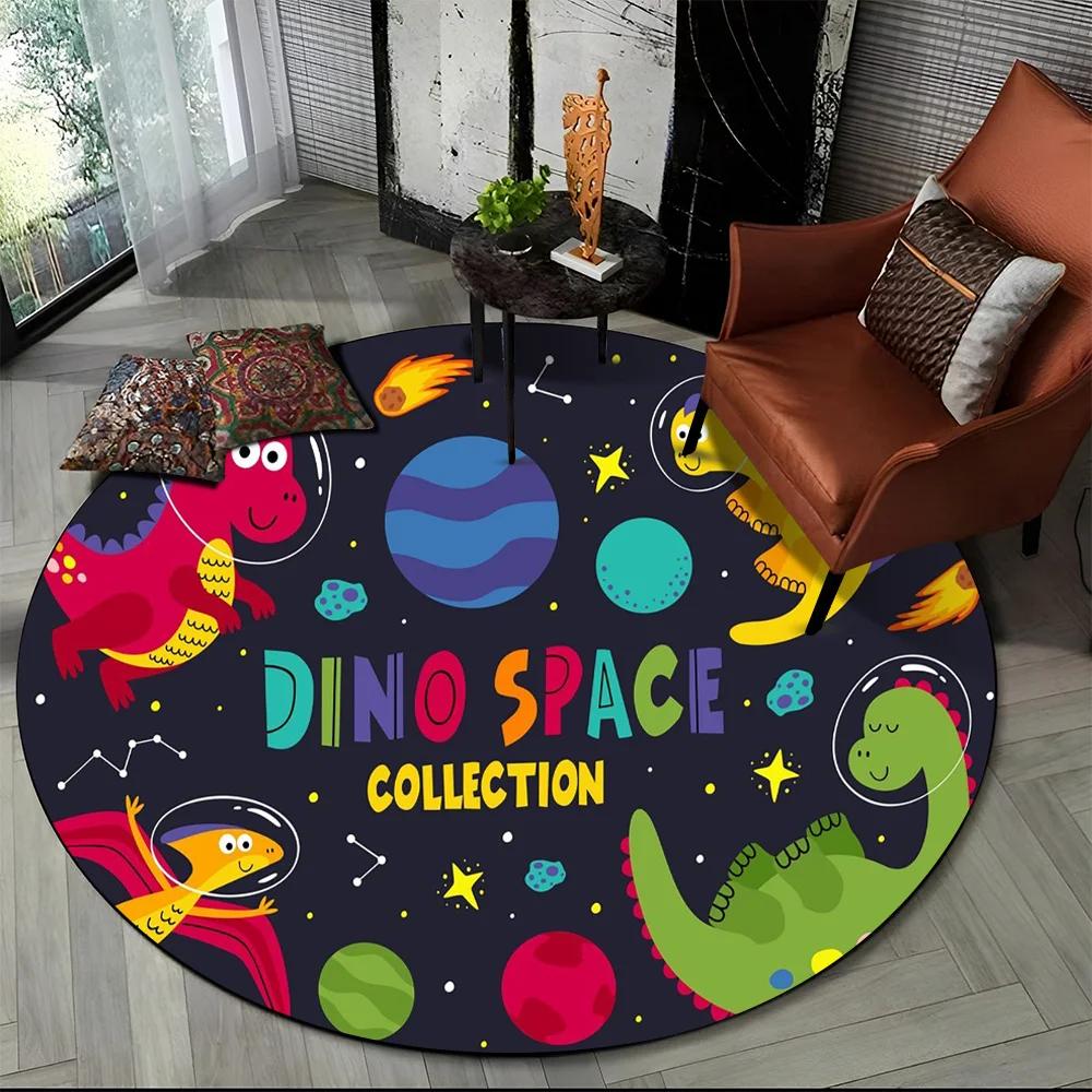 Cute Dino Dinosaur Space Children Cartoon Round Carpet Rug for Living Room Bedroom Chair Decor,Pet Area Rug Non-slip Floor Mat