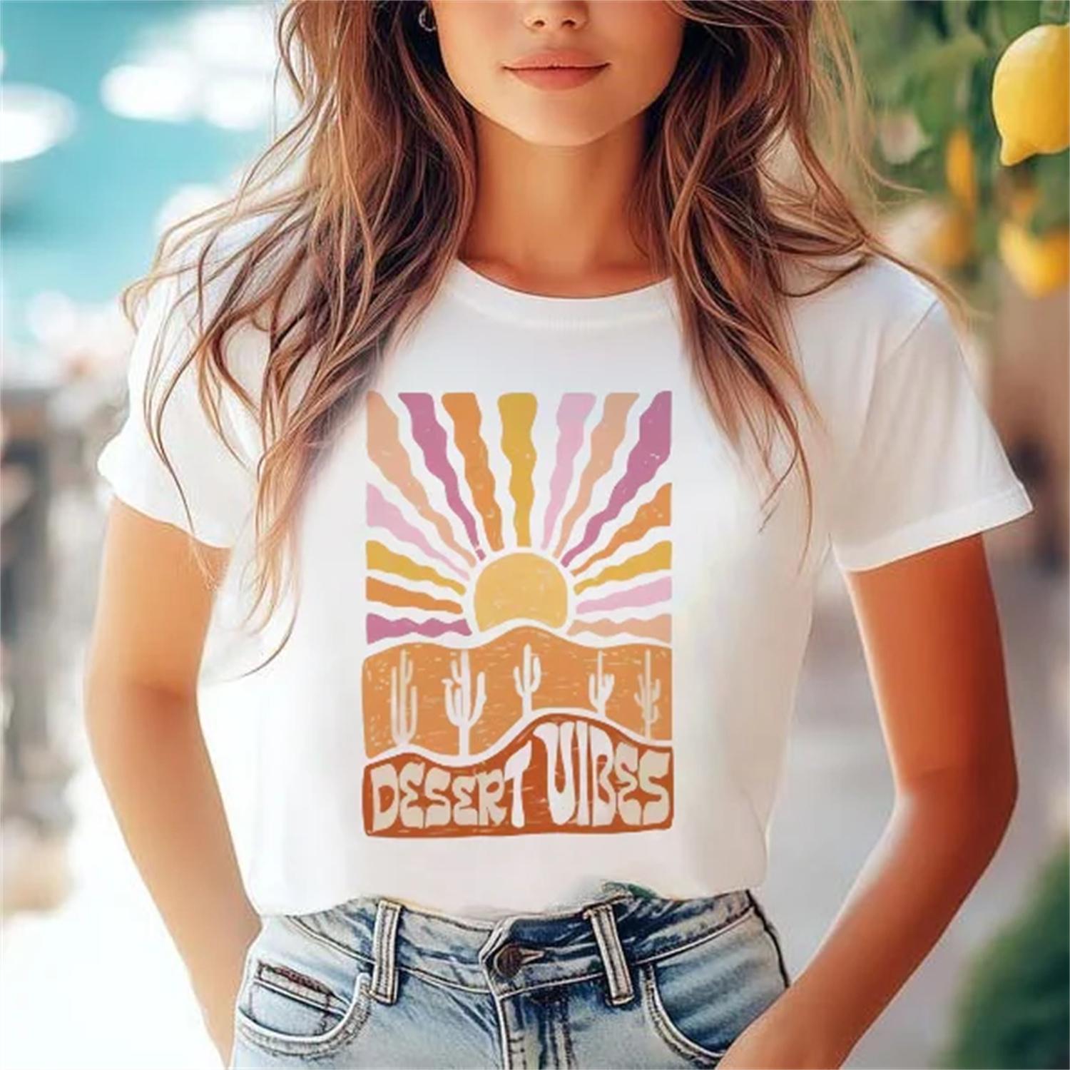 Printed O-Neck 90s Versatile Style Casual Fashion Short Sleeved Printed Watercolor Pattern Women s New Western Top T-Shirt S