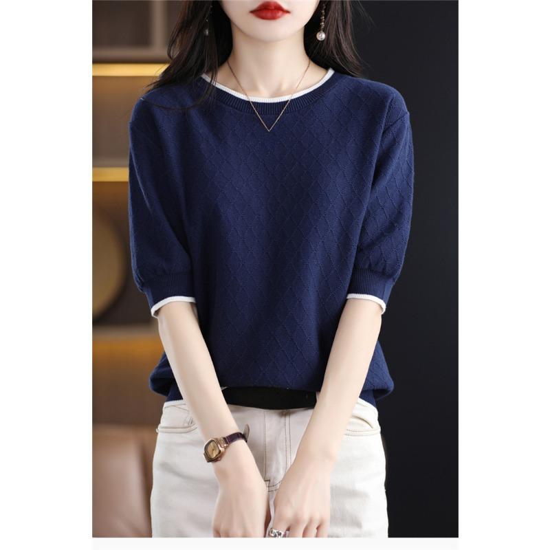 Cotton Thread Pullover Women Short Sleeved Round Neck T-shirt Color Blocked Diamond Shape Thin Knit Bottoming Shirt Simple Casual Commut Spring Autumn