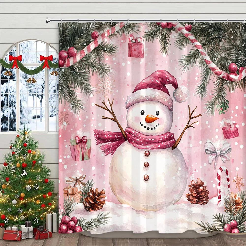 Christmas Snowman Shower Curtain Santa Claus Christmas Gifts Snow Printed Polyester Fabric Home Decor Shower Curtain With Hook