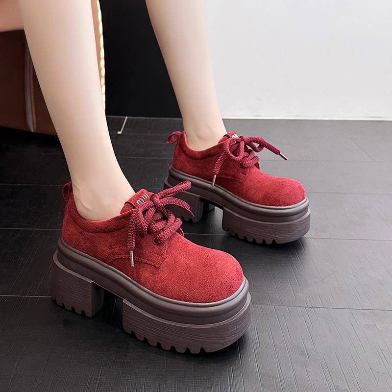 Fashion Women's Thick Sole Loafers Round Head Suede Medium Heel Shoes Women Retro All-match Breathable Anti-slip Shoes Zapatos De Mujer