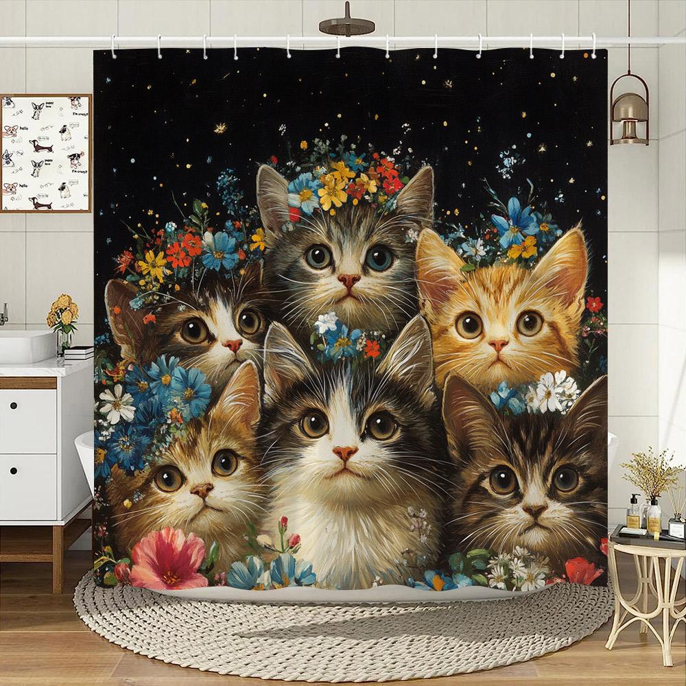 Vintage Style Cute Cat Shower Curtain Watercolour Blooming Flowers Polyester Fabric Home Bath Curtains Bathroom Decor with Hooks
