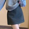 Korean Style Petite Wool Blend High-Waisted Gray A-Line Skirt for Women – Autumn Winter Hip-Hugging Anti-Exposure Short Skirt