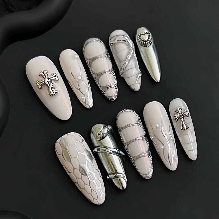 Almond Press On Nails Reusable Fake Nails with Designs Reusable False Nails Press Ons Glossy Full Cover Acrylic Glue On Nails Stick On Nail for Women