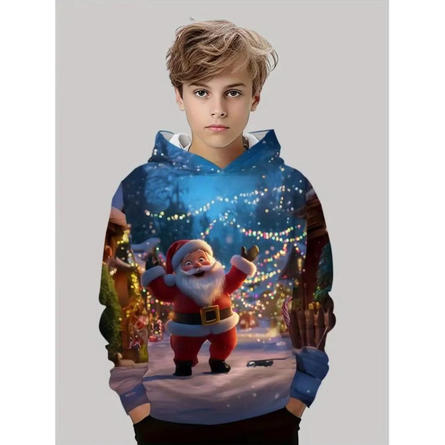 Sudadera con capucha navideña para niños Estampado de Papá Noel Sudadera de moda de dibujos animados para niño niña Ropa infantil para fiesta navideña