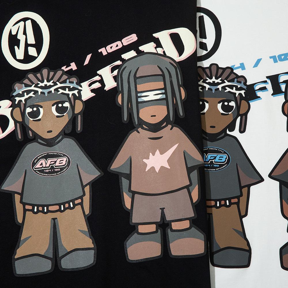 Cartoon Anime Printed T-shirt Short Sleeved Men's Summer Loose Casual Pure Cotton Double Yarn Half Sleeved T-shirt Top Instagram Trend