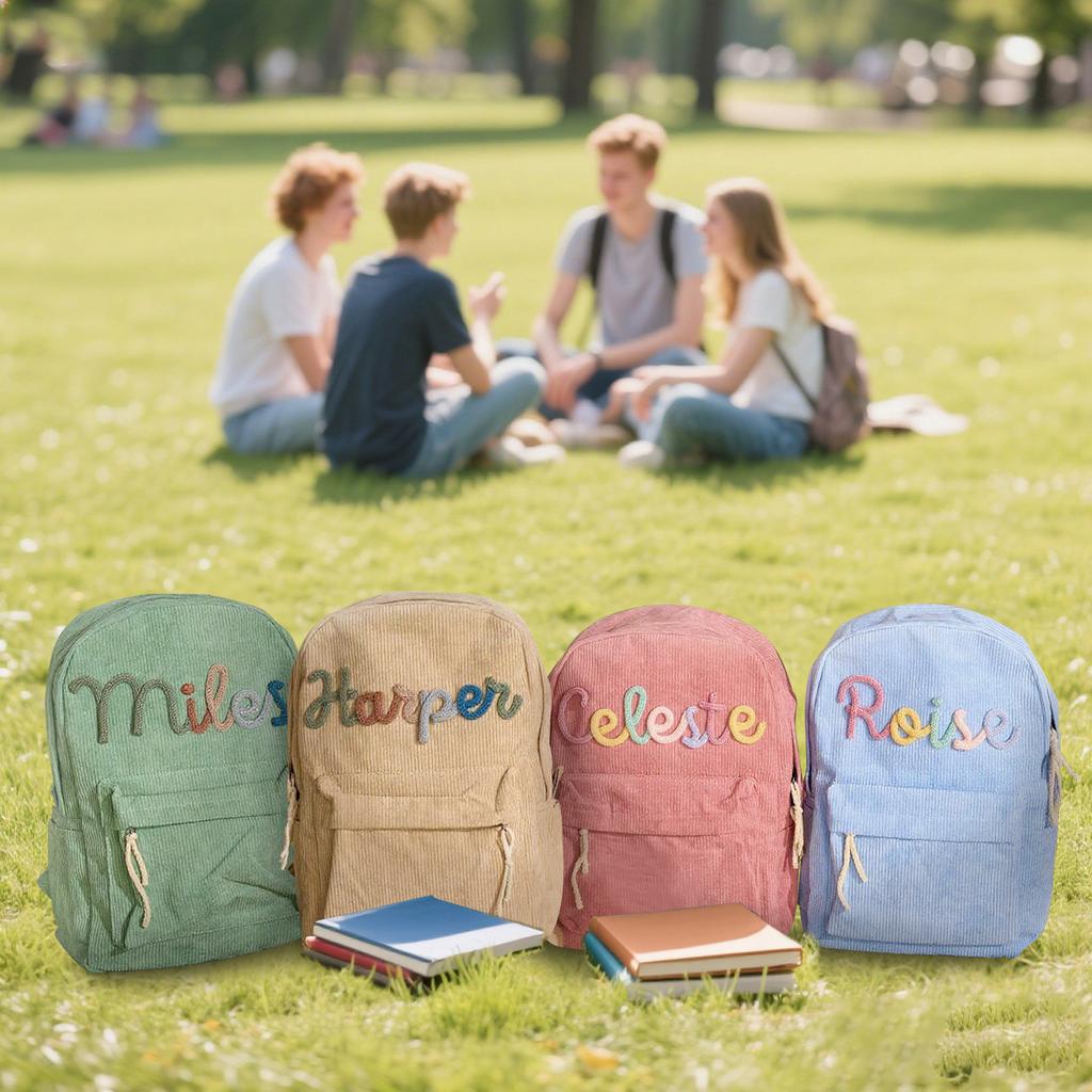 Personalized Corduroy Backpack With Name - Customized Bookbag With Cotton Rope Woven - Custom Name Back Pack For Birthday