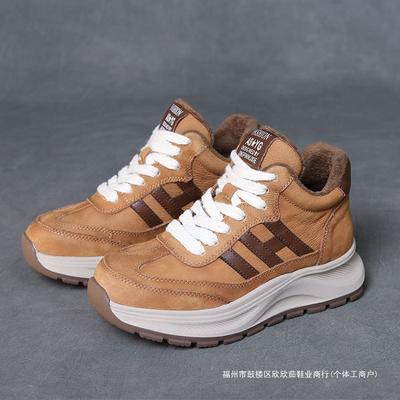 2026 Winter New First-layer Cowhide Retro High-top Forrest Gump Shoes Women's Korean Version Casual Sports Shoes Velvet Thermal Shoes