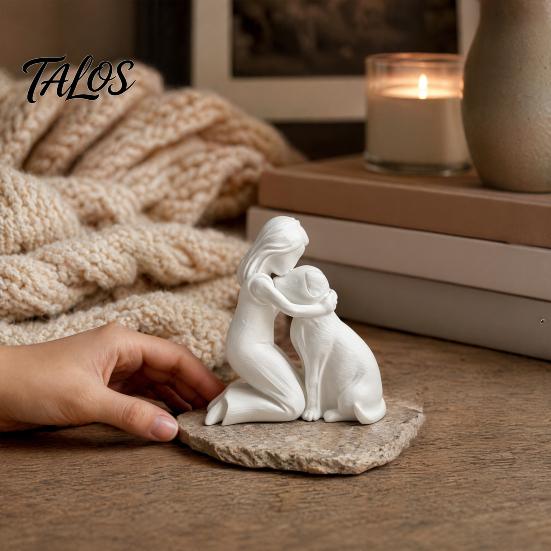 Durable 3D Printed Sculpture Girl with Dog Figurine Ornament, Minimalist Squatting Pose Human Statue Sculpture, Healing Pet & Decoration, Gift
