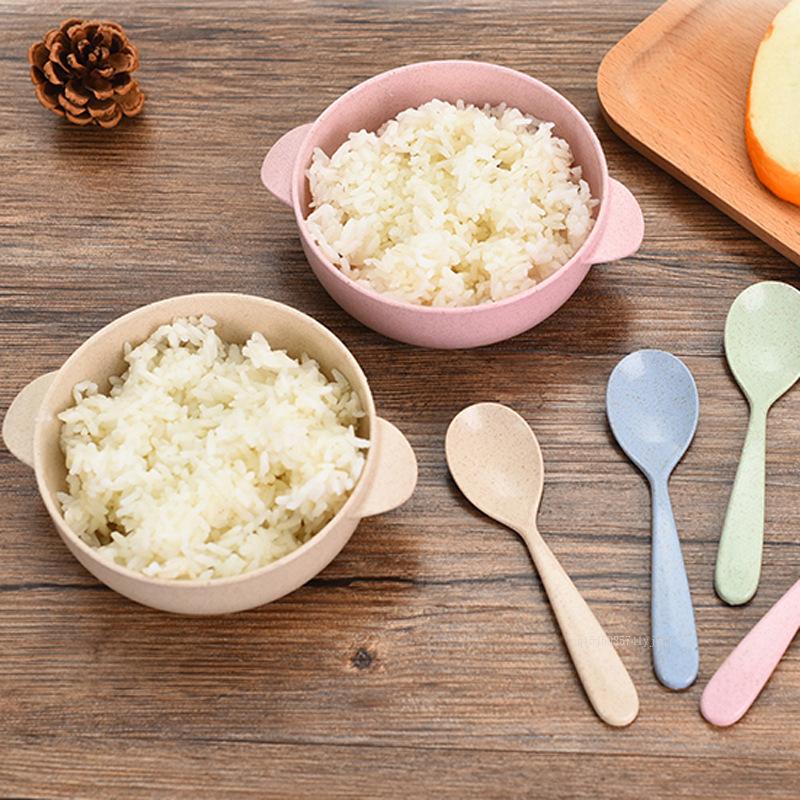 2pcs/set Wheat Straw Bowl with Spoon Lightweight Reusable Dessert and Salad Bowl Durable Breakfast Soup Bowl Children's Bowls