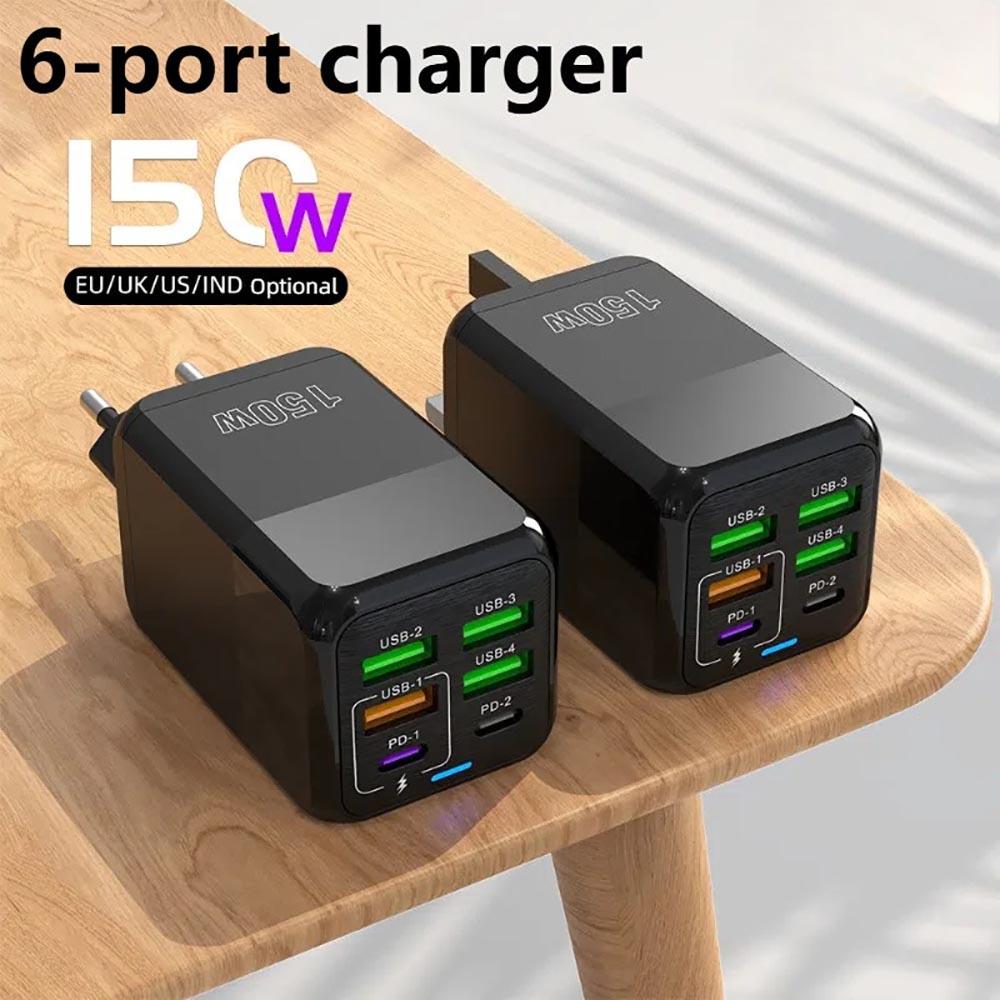 150W 6 Ports USB Charger PD Fast Charging Charger Wall Adapter EU Plug Charger Quick Charge 3.0 Multi Ports Power Adapter