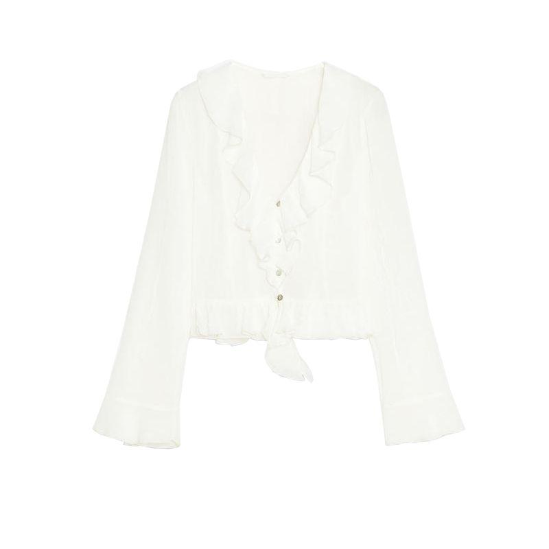 

Spring and Summer New Women clothes White Wrinkle Effect Laminated Decoration Translucent Long sleeve V-neck Shirts 3666053 Ben White L