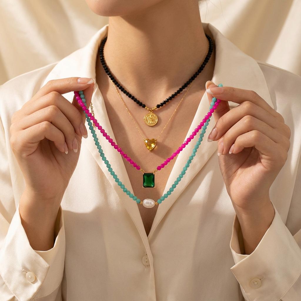 Colorful Geometric Square Beads Crystal Necklace with Zircon Heart Design