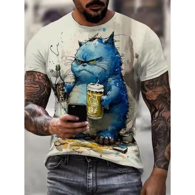 Lustiges 3D Tierdruck Herren T-Shirt Lässig O-Ausschnitt Übergroß Kurzarm Pullover Mode Streetwear Herrenbekleidung Katzen T-Shirts