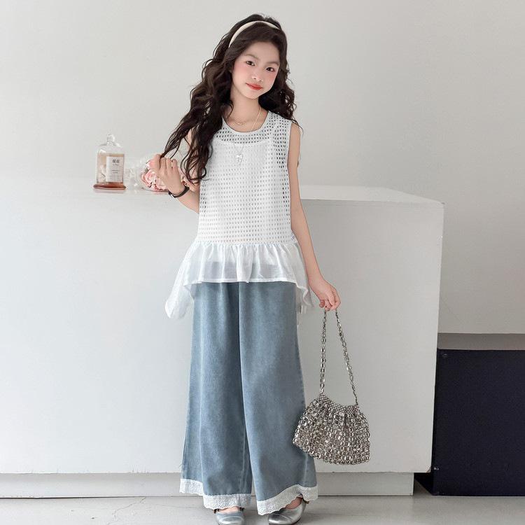Girls' Korean Style Summer Lace Camisole & Jeans 3-Piece Set