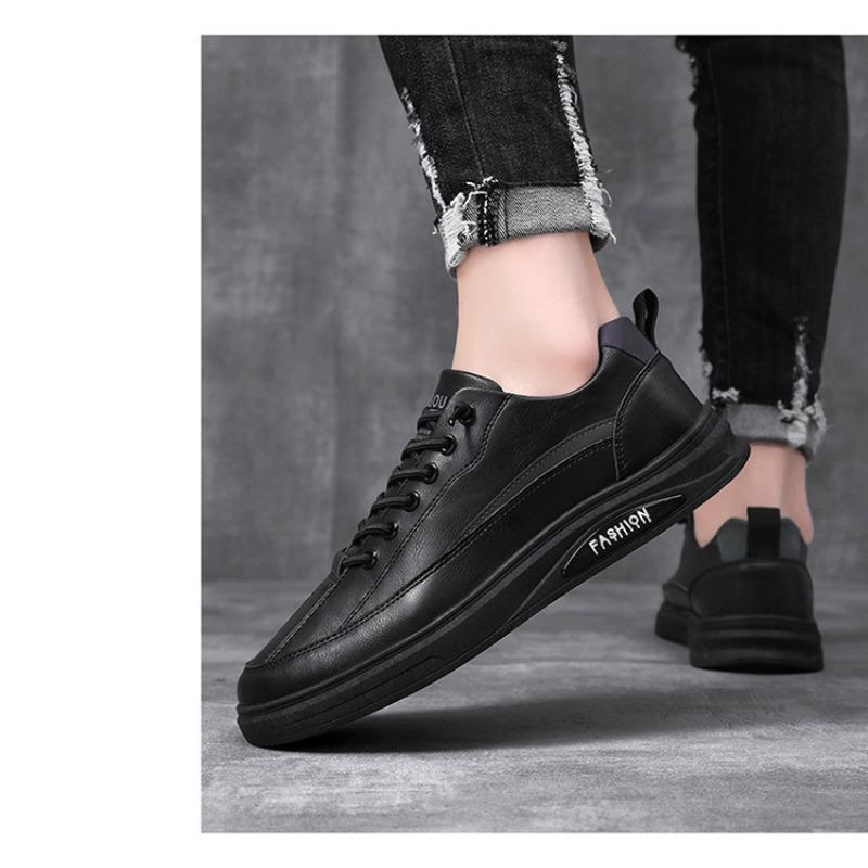 Men's Fall Breathable Waterproof Non-Slip Trendy Versatile Black Leather Casual Athletic Skate Shoes.