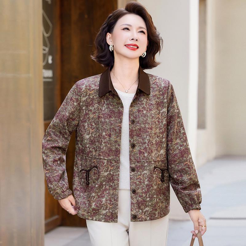 

Мамино осеннее пальто с отложным воротником и цветочным принтом для женщин среднего возраста - Стильная, омолаживающая, повседневная куртка для весны и осени. XL красный/фиолетовый