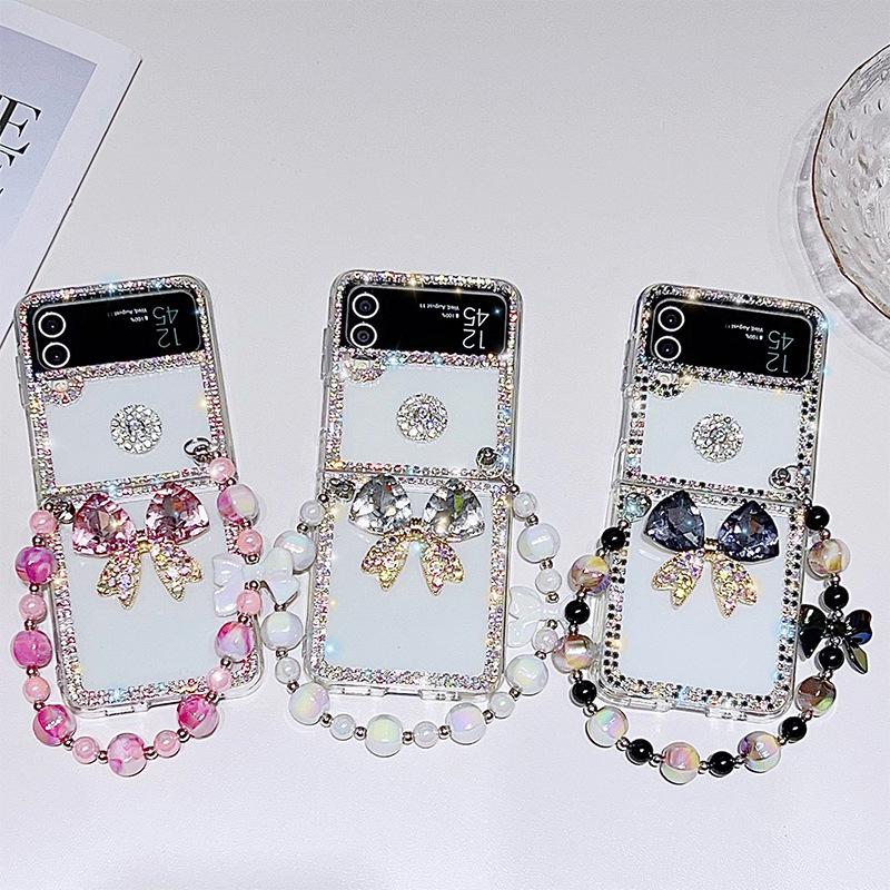 For Samsung Zflip6 Mobile Phone Case Clamshell Folding Screen Transparent Rhinestone Butterfly Ins Light Luxury Beads Portable