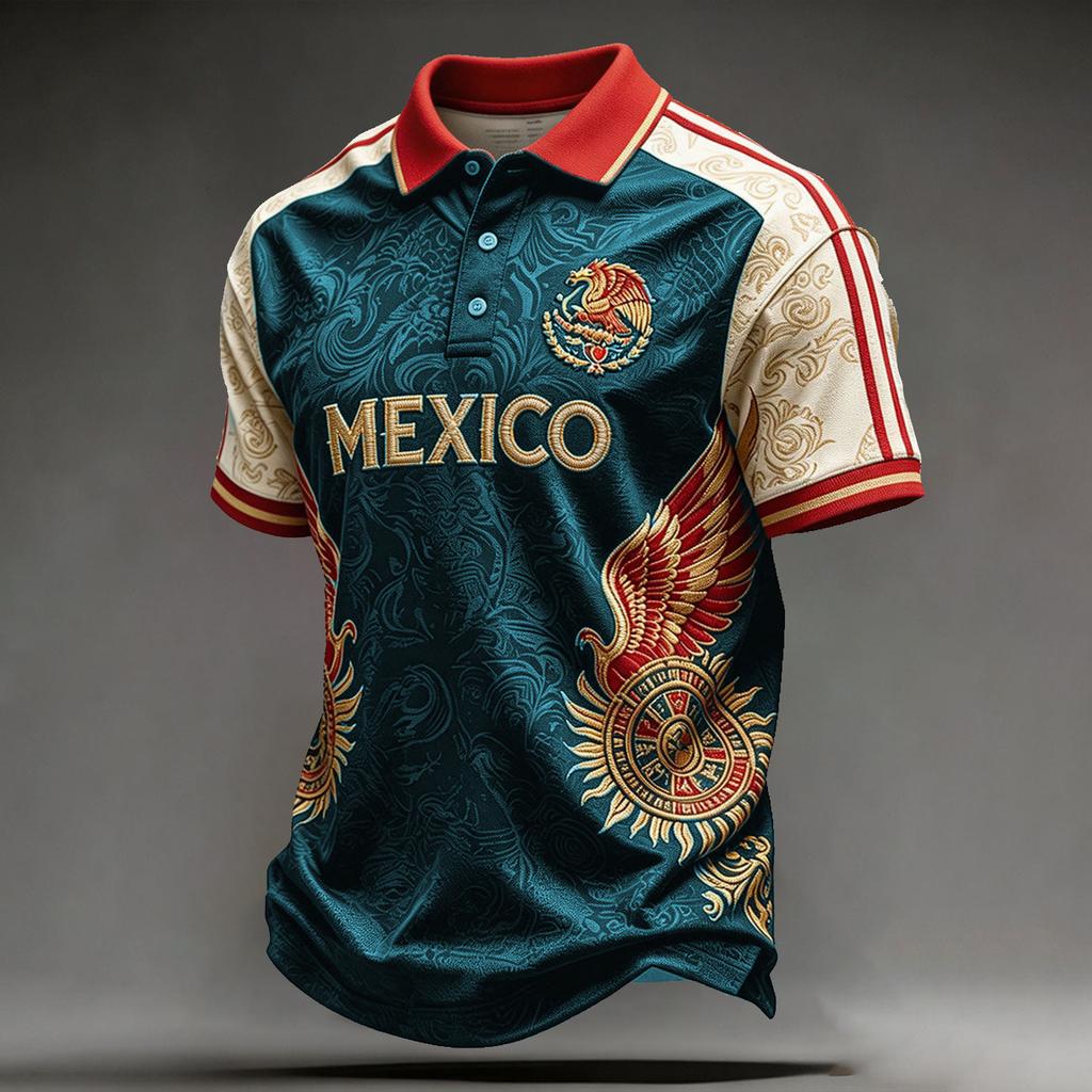 Men's Classic Polo Shirt Soccer Jersey Short Sleeve Button Up Shirt Casual Athletic Top with Printed Design and Collared Neck for Outdoor Sports