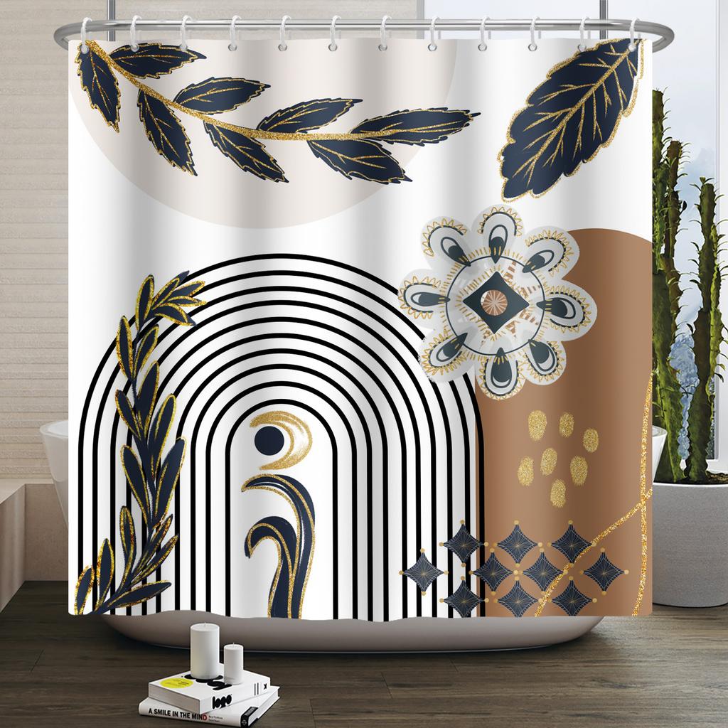Mid Century Abstract Boho Shower Curtain Green Leaf Plant Modern Arch Sun Minimalist Nordic Waterproof Bathroom Bath Curtain