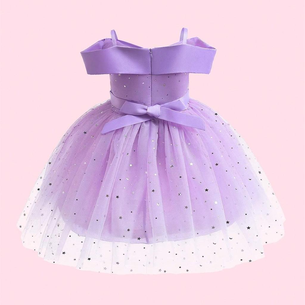 Toddler Girls Cold Shoulder Galaxy Mesh Party Dress Casual Dresses Kids Princess Pageant Gown Christmas Party Paillette Wedding Dress