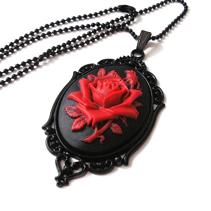 Gothic Red Rose Cameo Choker Necklace Halloween Cosplay Jewelry Adjustable Pendant Necklace Victorian Necklace Jewelry
