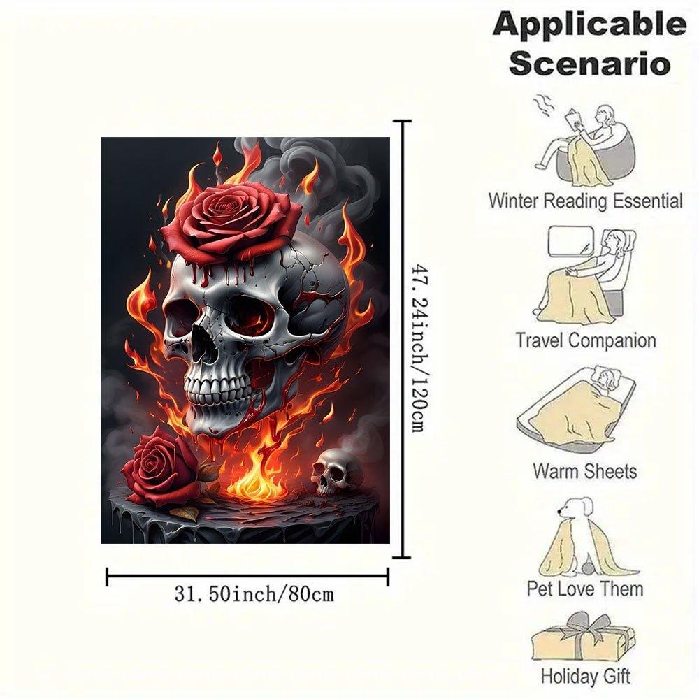 "Flaming Rose Skull Art Print - Gothic Wall Decor"Blanket Flannel Throw Blanket for Sofa, Bed, Travel, Camping, Office, Couch, Chair, And Be