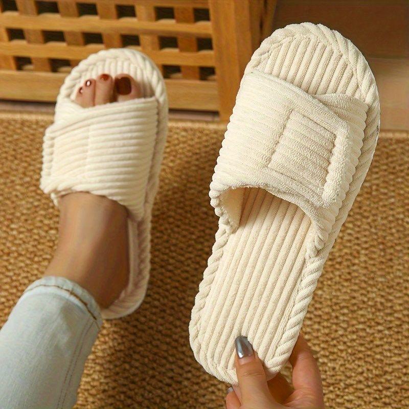 Women's Cozy Striped Corduroy Open Toe House Slippers - Adjustable Velcro Strap, Soft Plush Non-Slip Indoor Slides