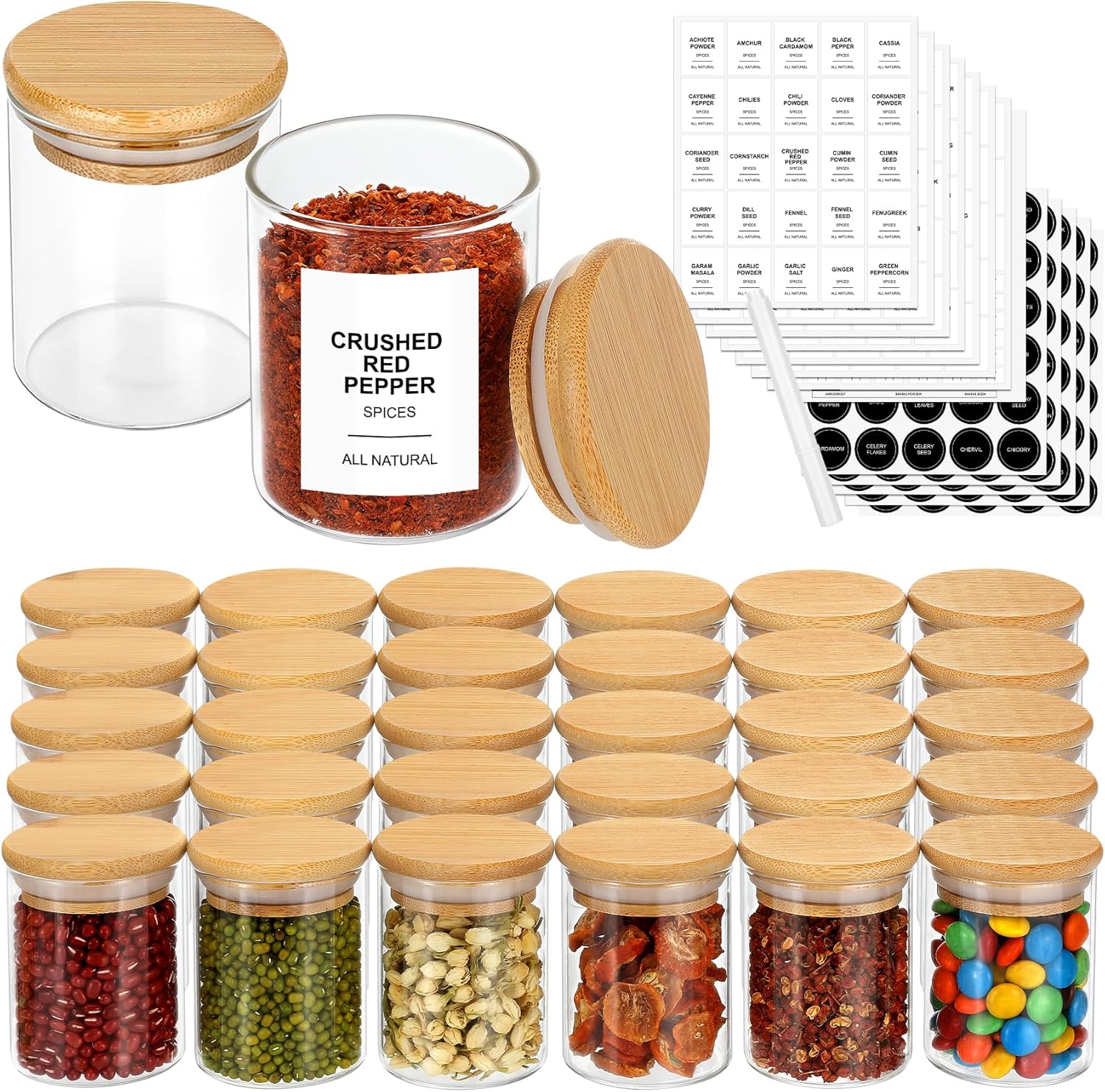 

4OZ Glass Spice Jars with Bamboo Lids & 315 Labels, 32 Pcs Clear Kitchen Storage Containers for Sugar, Salt, Coffee, Tea, Beans