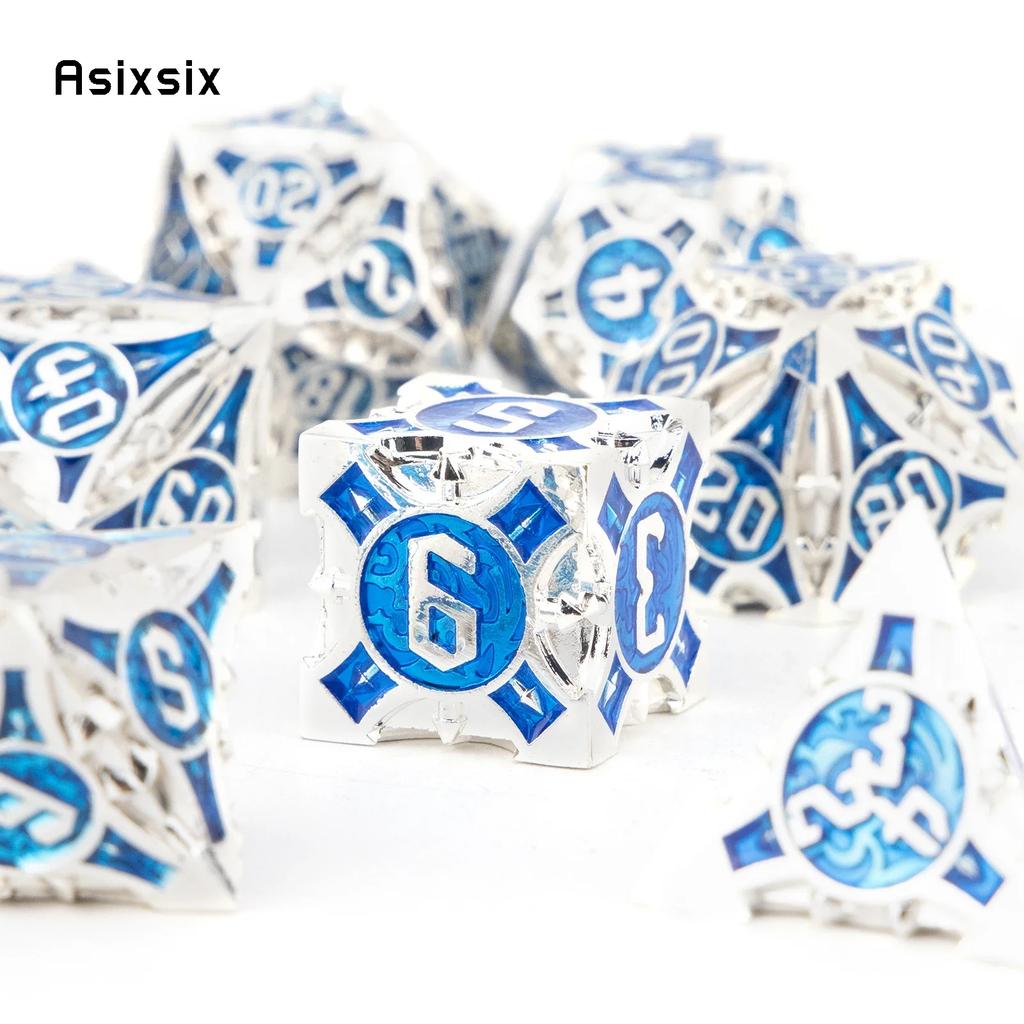 7 Pcs Blue White Metal Dice Solid Metal Polyhedral Dice Set Suitable For Role-Playing Dice PropBoard Game Gift