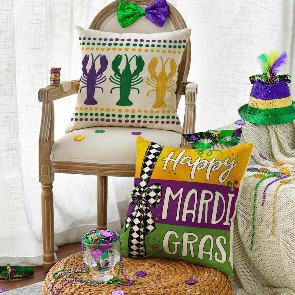 AVOIN colorlife Happy Mardi Gras Beads and Bling Crawfish Smoothie Throw Pillow Covers, 18 x 18 Inch Checked Bow Stripes Holiday Cushion Case