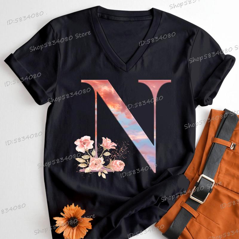 Womens Clothing Pink Flower Alphabet Classic Top Sky Alphabet Cartoon Tshirt FeUnisex Floral Letters A B C D Birthday Gift Shirt