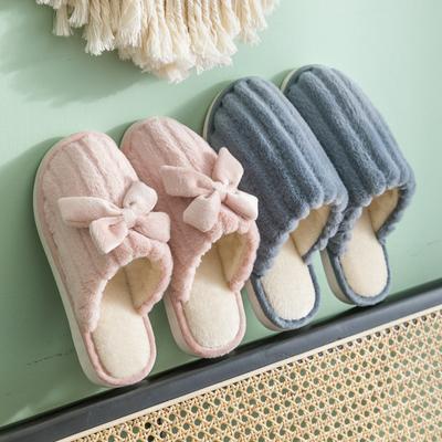 Imitation Rabbit Fur Winter Bow Cotton Slippers Female Home Thick Bottom Couple Home Non-slip Warm Fluffy Slippers Male