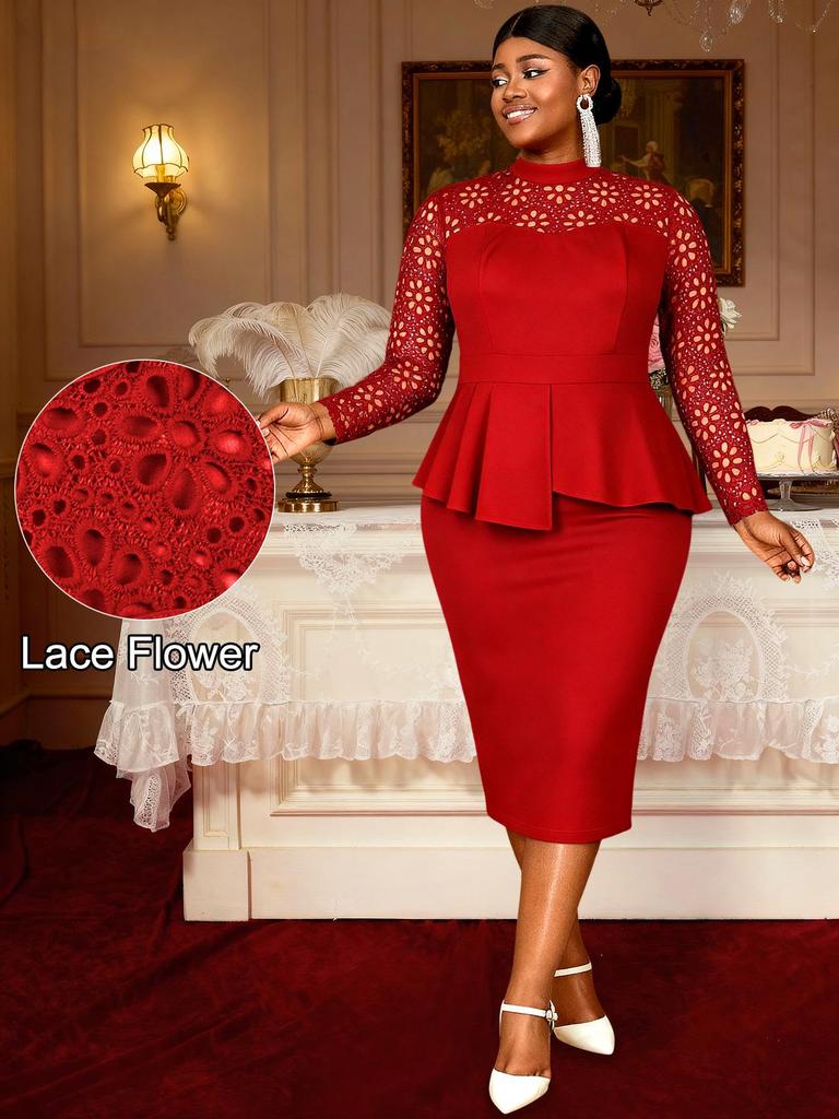 Elegant Plus Size Lace Dress with Ruffle Waist for Wedding Guests