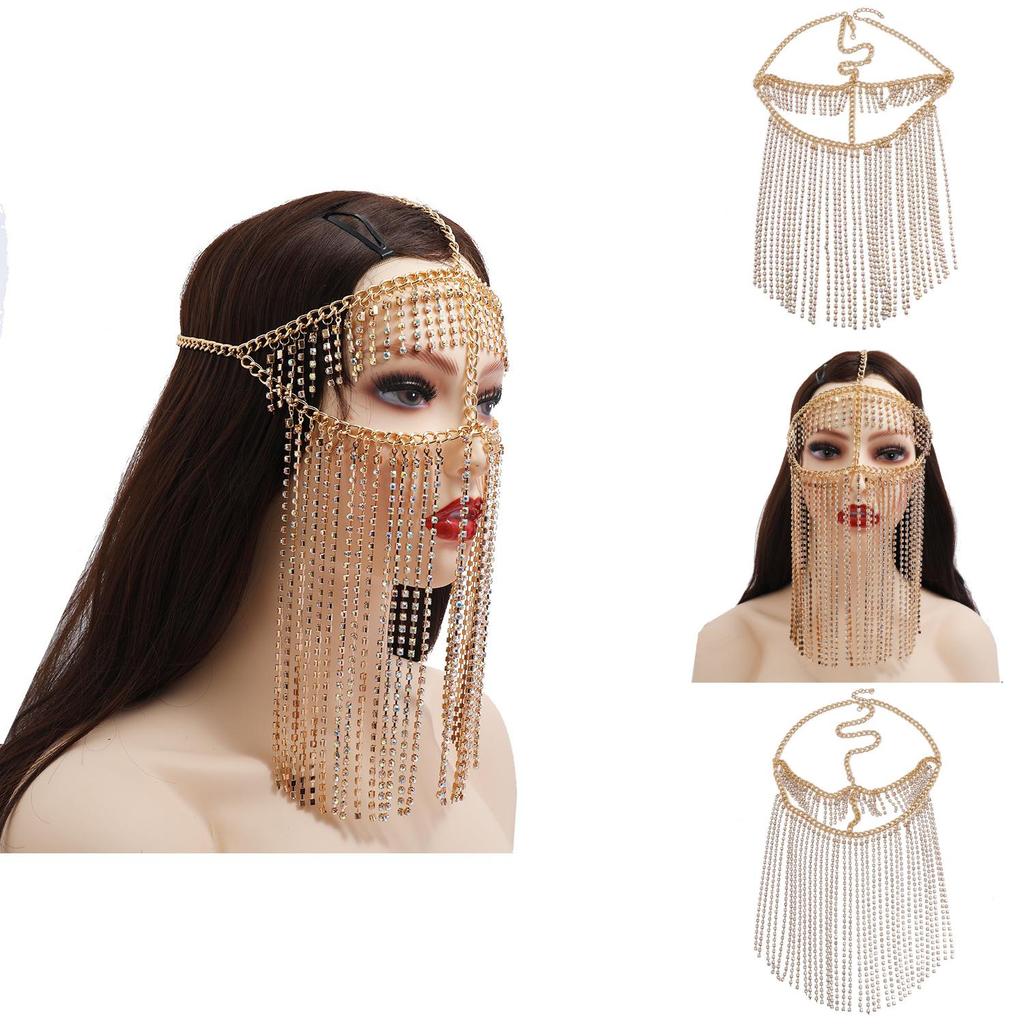 Fashion Rhinestone Decoration With Tassel Design Women Headwear Face Curtain For Nightclub Party And Performance