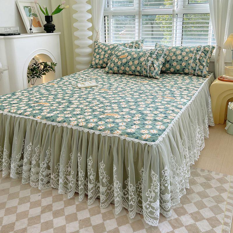 Saia de cama acolchoada estampada pastoral francesa, renda bordada, colcha grossa, roupa de cama à prova de poeira com lençol de algodão antiderrapante