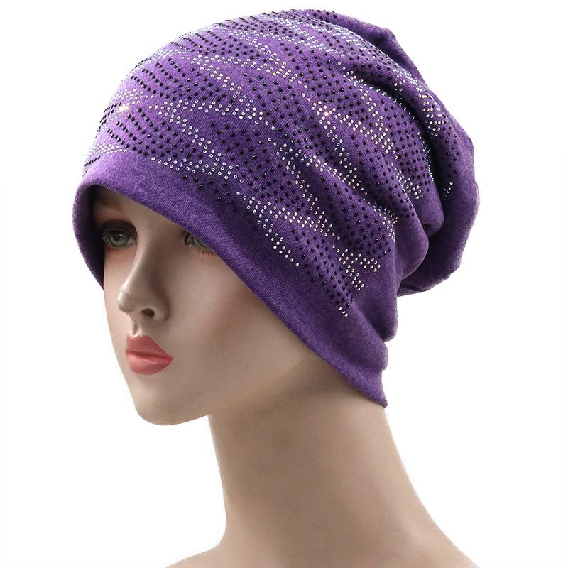 Autumn and winter fashion rhinestone hat women's stack hat pure cotton casual pullover hat ear protection outdoor bag head hat manufacturer