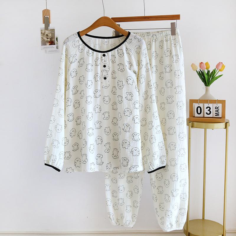 

Новый весенне-осенний женский пижамный комплект из 100% хлопкового крепа, симпатичные брюки с длинными рукавами, комплект из двух предметов со свободным принтом M