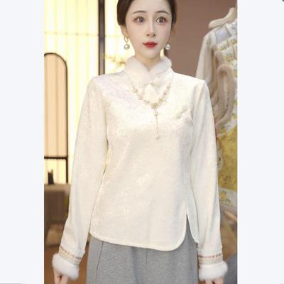 Women's Winter Velvet-Enhanced Qipao-Inspired Base Layer Shirt with Diagonal Lapel and Frog Buttons