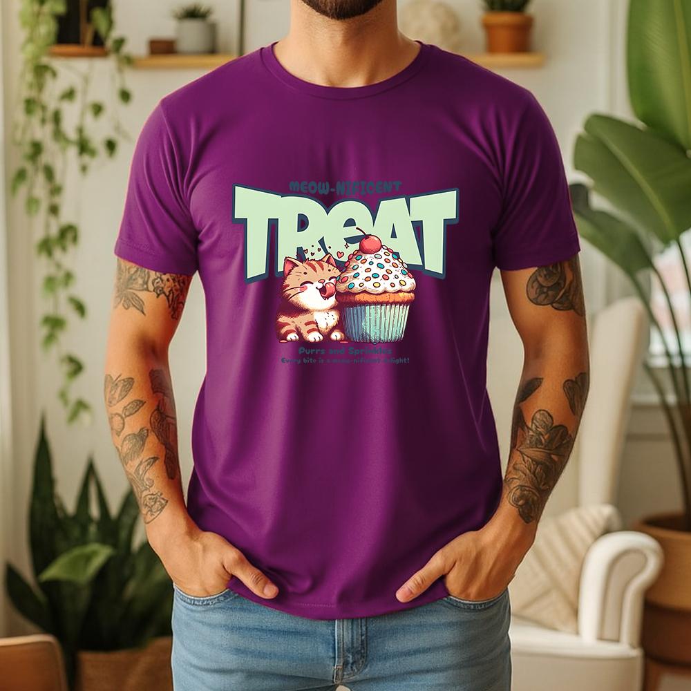 New Summer Unisexs 100 Cotton TShirt Retro Cat With Cupcake Casual Breathable Short Sleeve Daily Wear