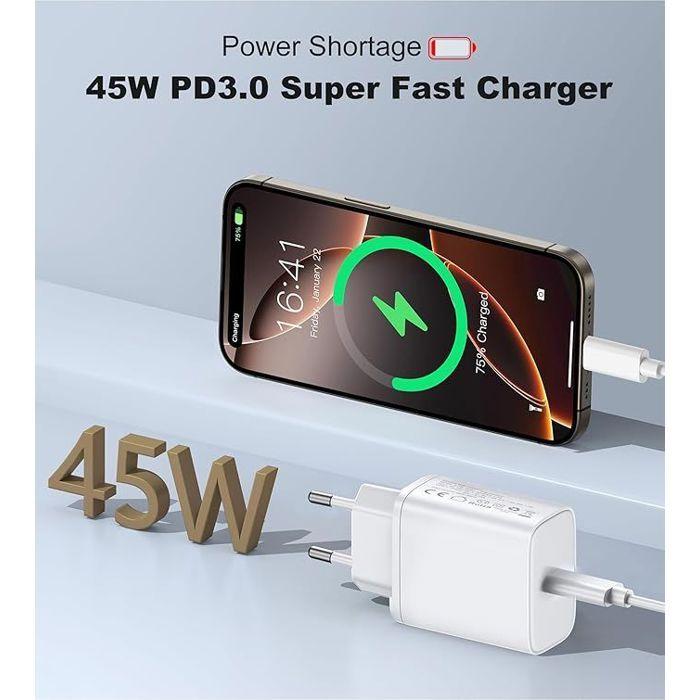 Chargeur Rapide 45W - Samsung - A16 A17 A36 A56 - 2 Câbles USB-C 1M - Blanc