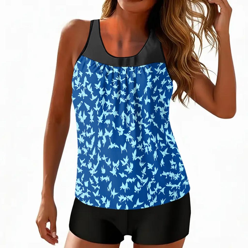 Women’s Printed Tankini Top and Shorts Two Piece Swimsuit with Leaf Pattern Sleeveless Design for Beach or Pool Wear