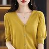 V-neck Short-sleeved Cardigan for Women In Summer New Loose Thin Cotton Mid-sleeved Knitted Top Half-sleeved T-shirt