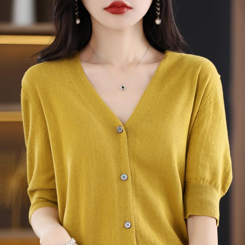 V-neck Short-sleeved Cardigan for Women In Summer New Loose Thin Cotton Mid-sleeved Knitted Top Half-sleeved T-shirt