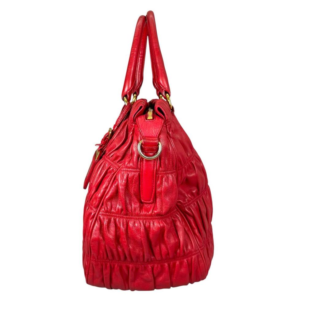 PRADA gathered Nappa Goful Tote Bag leather Red Women B2588L Used