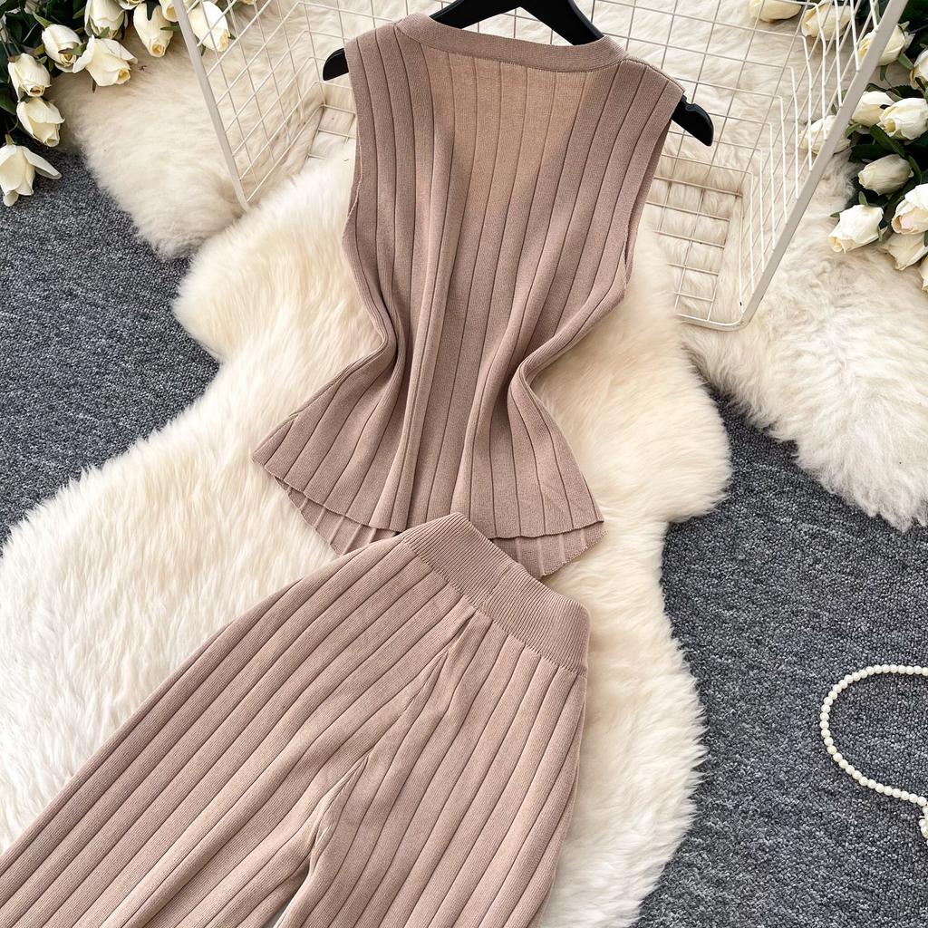 Casual Knitted Sweater Two Piece Sets for Women Metal-button V-neck Sleeveless Fitted Versatile Knit Top and Casual Pants Set