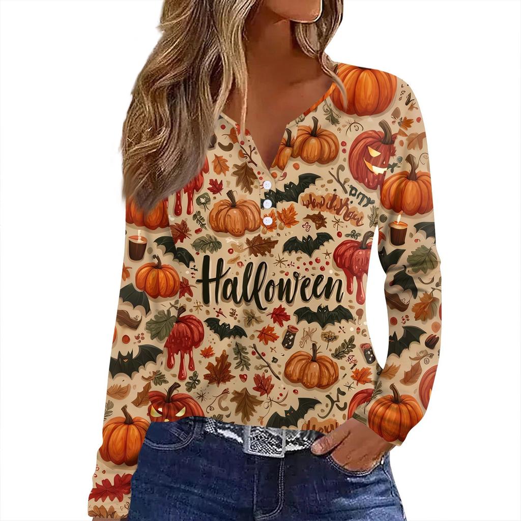 Dámské tričko s potiskem Halloweenu, knoflíky, dlouhý rukáv, denní, víkendová móda, základní, výstřih do V, běžný top