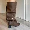 Cowhide~ Two wear high boots female knight boots autumn and winter round head splicing thick heel sleeve stacking boots but knee rivets